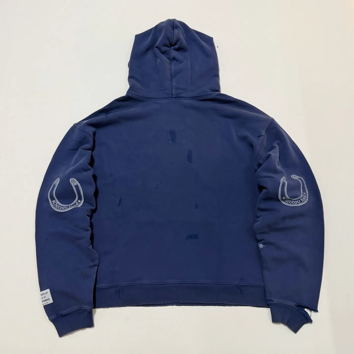 GALLERY DEPT. CHATEAU RANCH HOODIE/NAVY Horseshoe Winery Splash Ink Destroyed Hoodie Washed Blue S-XL Assute Reactive Dyes Ready-made Clothes Fade Process Post-Fry Color Processing Super Heavy and Cumbersome Too Many Cuts and Hanging Wormhole Destruction Process➕Hand-Splashed Ink Very Time-consuming and Labor-intensive Correct Version Original Main Mark➕Large Main Mark➕Yellow Wash Mark The original BOXY short and wide version has not been changed at all. God-cut. Authentic level printing process. Post-washing treatment to show natural aging effect.